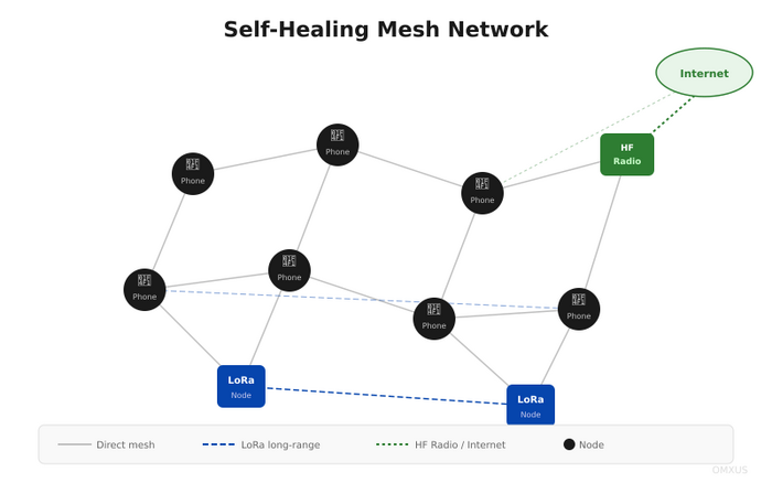 OMXUS mesh network topology — Yggdrasil overlay, QUIC transport, LoRa fallback